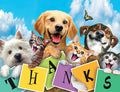 Adorable golden retriever, Westie puppy, two tabby cats, and a black-and-tan dog smiling and holding colorful 'THANKS' signs, with a butterfly in a bright blue sky. Perfect for cute animal-themed thank you cards.
