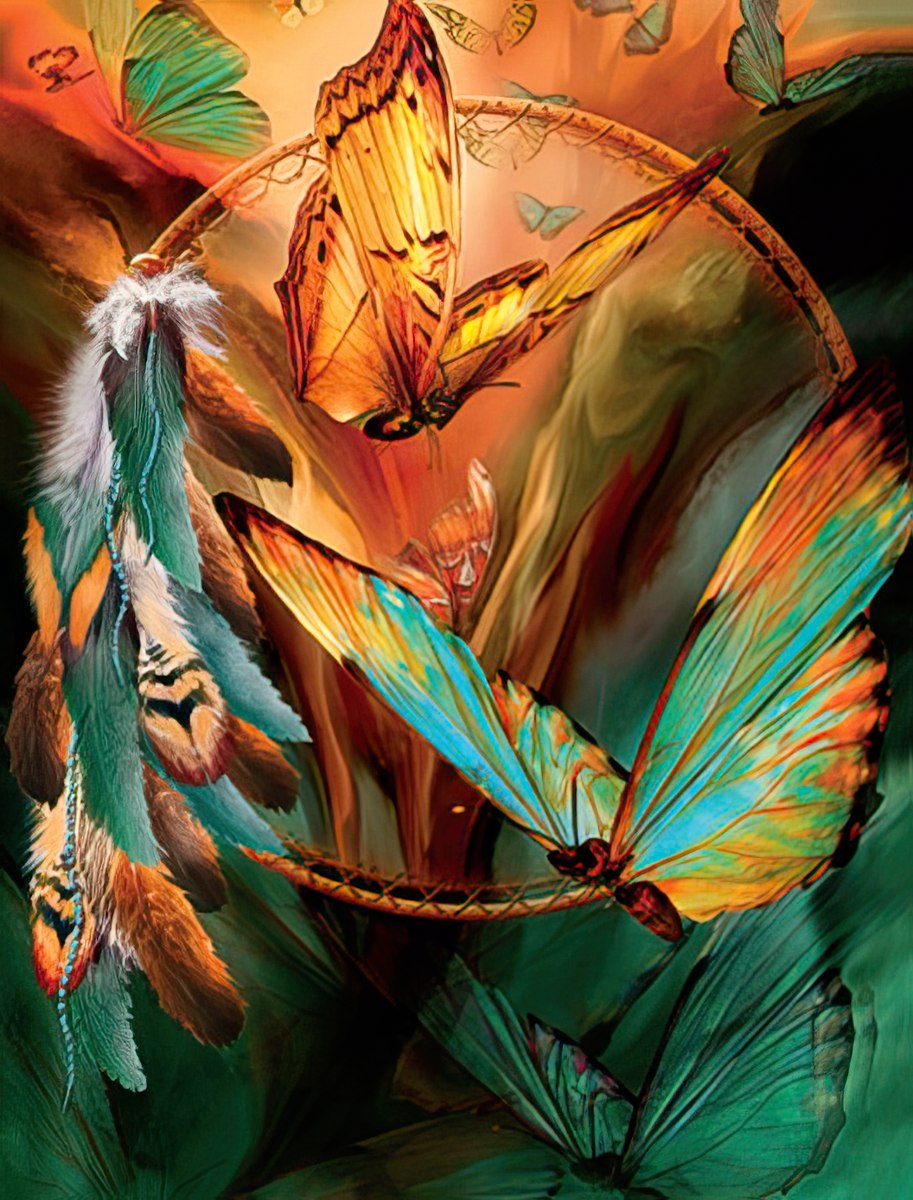 Vibrant monarch and blue morpho butterflies soaring around a bohemian dreamcatcher with feathers, symbolizing transformation and beauty, perfect for inspiring greeting cards.