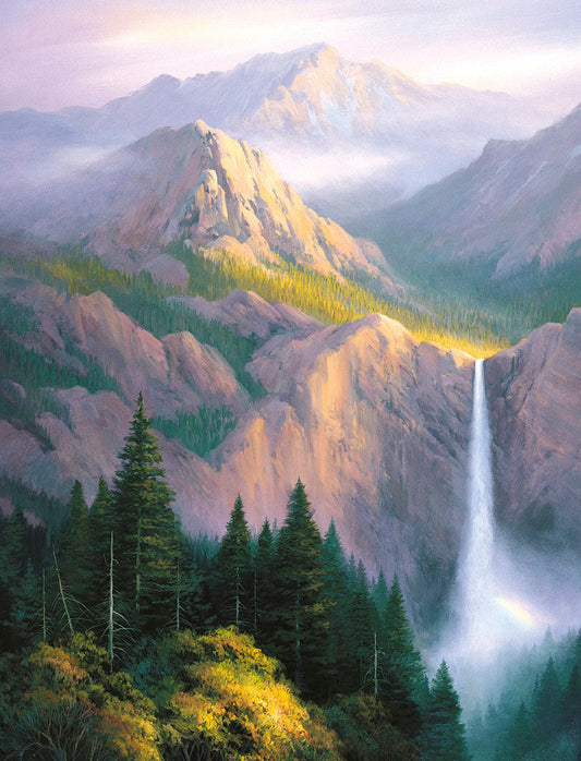 Vibrant painting of a majestic mountain landscape with a sunlit waterfall cascading into a forested valley, featuring a subtle rainbow.