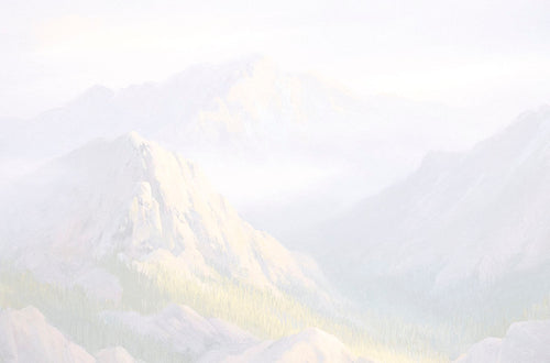 Faded, misty landscape art for greeting cards, depicting ethereal mountains and forests bathed in soft light, suggesting tranquility and a subtle, natural beauty.