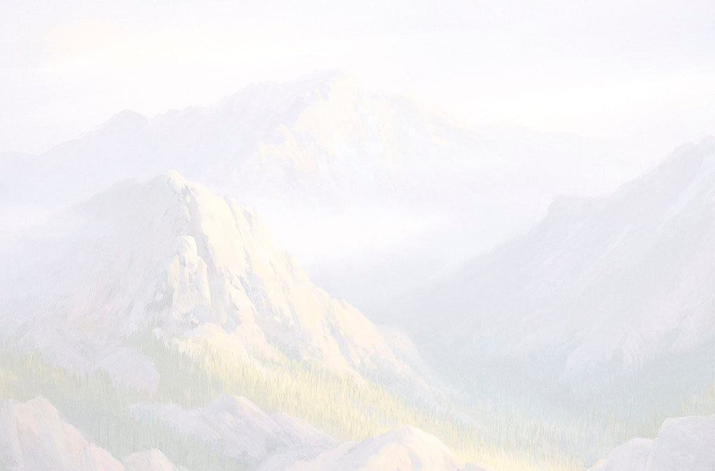 Serene, light-toned background image of a misty mountain range and a soft waterfall, hinting at a peaceful landscape design, suitable for the interior or back of a greeting card.