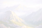 Serene, light-toned background image of a misty mountain range and a soft waterfall, hinting at a peaceful landscape design, suitable for the interior or back of a greeting card.