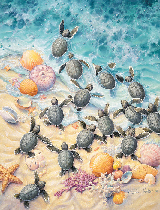 Captivating illustration of numerous baby green sea turtles making their first journey from a sandy beach with seashells into the clear blue ocean waves.