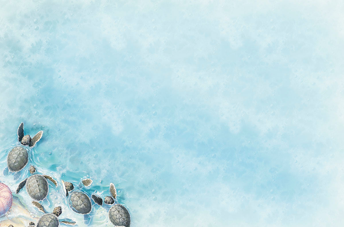 A close-up view of a blue, bubbly ocean with the corner of a sandy beach visible, where a few baby sea turtles are beginning their journey into the water, surrounded by vibrant seashells.