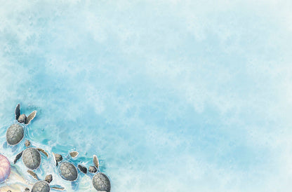 Close-up of the charming illustration showing baby green sea turtles entering the blue ocean from a corner, with ample space for text.
