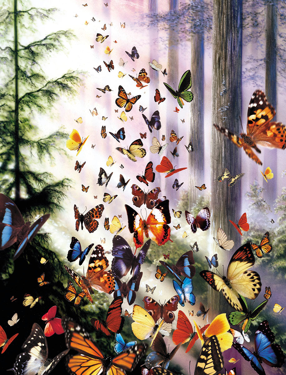 Many colorful butterflies, including Monarchs and Swallowtails, flying vibrantly from a lush green forest into a lighter, dreamy, magical woodland scene. The ethereal background has tall, slender trees with soft sunlight filtering through.