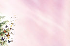 A gentle pink, subtly textured background with a small cluster of colorful butterflies on green foliage positioned on the left side, providing ample copy space for a serene and artistic greeting card design.