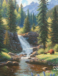 Beautiful nature scene painting with a mother bear and cub near a serene waterfall in a vibrant pine forest, surrounded by mountains and wildflowers.