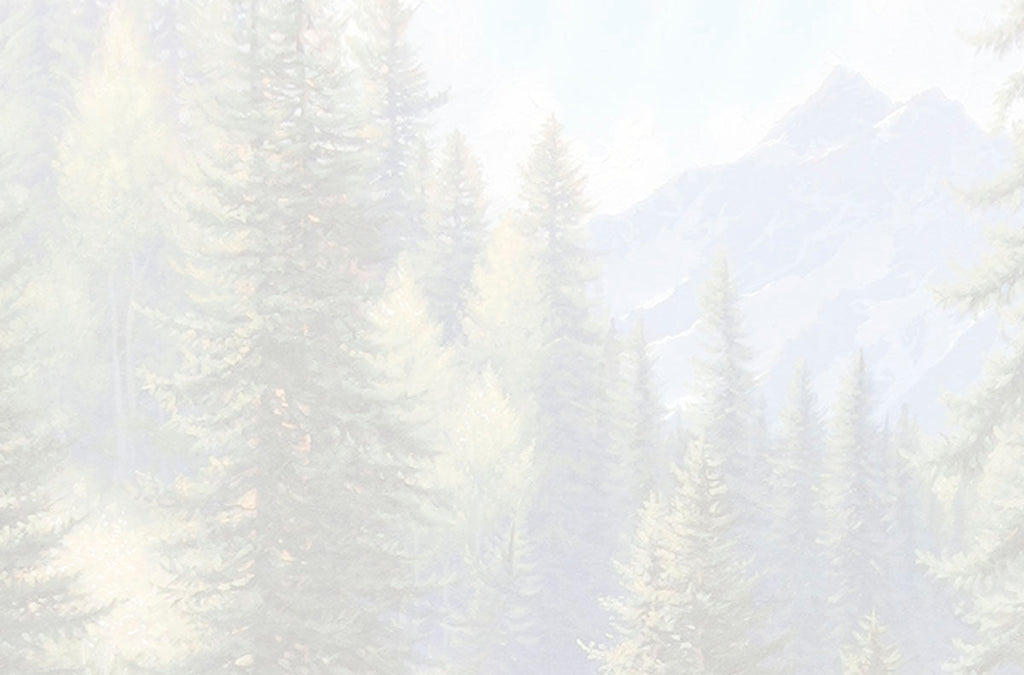 Faded, serene mountain forest background art with towering pine trees and misty peaks, evoking tranquility.