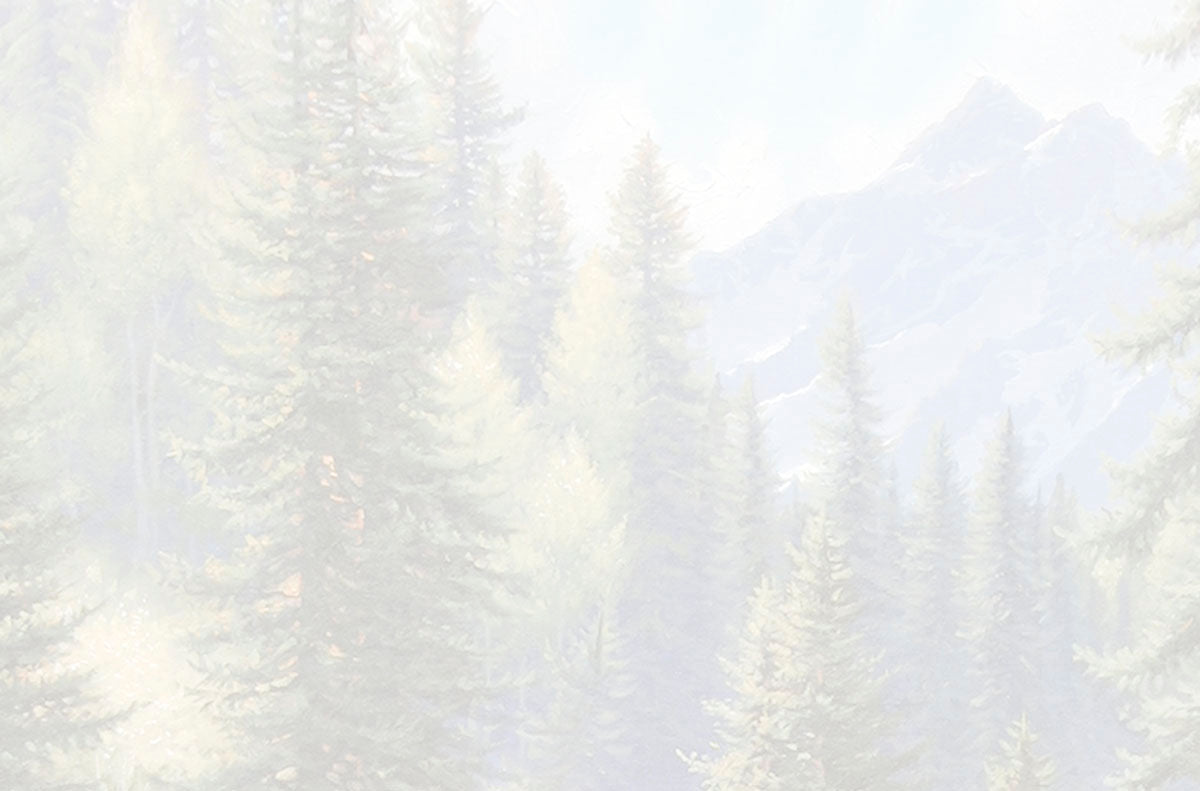 Faded, serene mountain forest background art with towering pine trees and misty peaks, evoking tranquility.