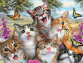 Close-up of six happy, playful kittens with vibrant fur colors (tabby, orange, white, grey) sticking out tongues, surrounded by colorful butterflies and lush green foliage with pink and purple flowers against a bright sky.