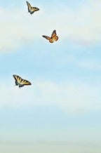 Bright blue sky background with three yellow and black butterflies flying gracefully.