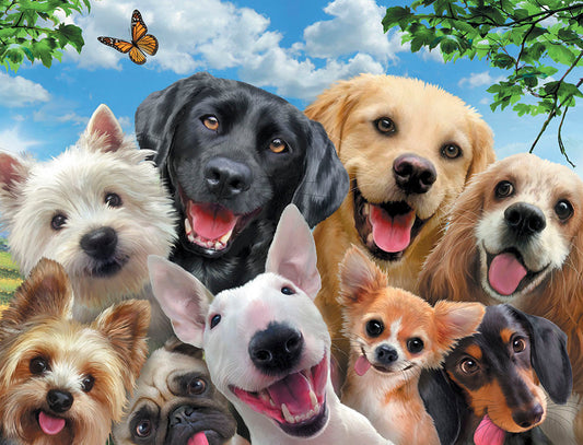 Joyful group of diverse dogs (Lab, Golden, Westie, Chihuahua, Pug, Dachshund) smiling for a selfie under a blue sky with a butterfly.