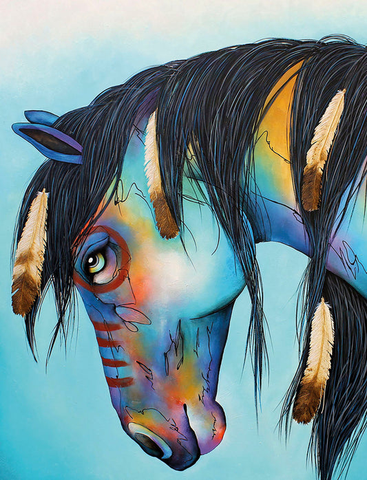 Close-up of a vibrant blue horse head with Native American inspired face paint and feathers in its dark, flowing mane against a light blue background.