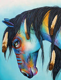 Close-up of a majestic horse's head, painted in vibrant blue, purple, and orange hues, with intricate feather details woven into its dark mane, set against a light blue background. The horse's eye is visible, giving it a powerful and artistic look, ideal for an inspiring greeting card set.