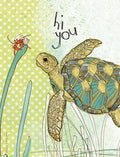 Whimsical watercolor greeting card featuring a friendly sea turtle and a tiny hermit crab on a tall stalk, with 'hi you' text on a vibrant polka-dotted green background, perfect for sending cute greetings.