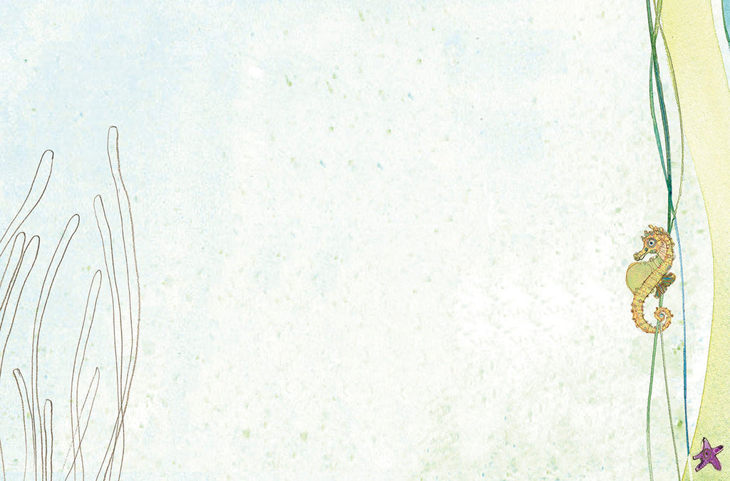 Interior of an all-occasion greeting card showing a subtle light blue-green watercolor wash, delicate ocean plant illustrations on the left, and a small seahorse and starfish on the right border, offering ample space for a personalized message.
