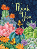 Vibrant thank you card featuring a colorful watercolor illustration of various succulents, blooming cacti, and three yellow butterflies against a dark blue background with 'Thank You' in elegant script.