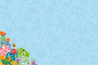 Light blue background paper with a subtle floral pattern, featuring a corner border of colorful watercolor succulents, blooming cacti, and two yellow butterflies, suitable for matching stationery.