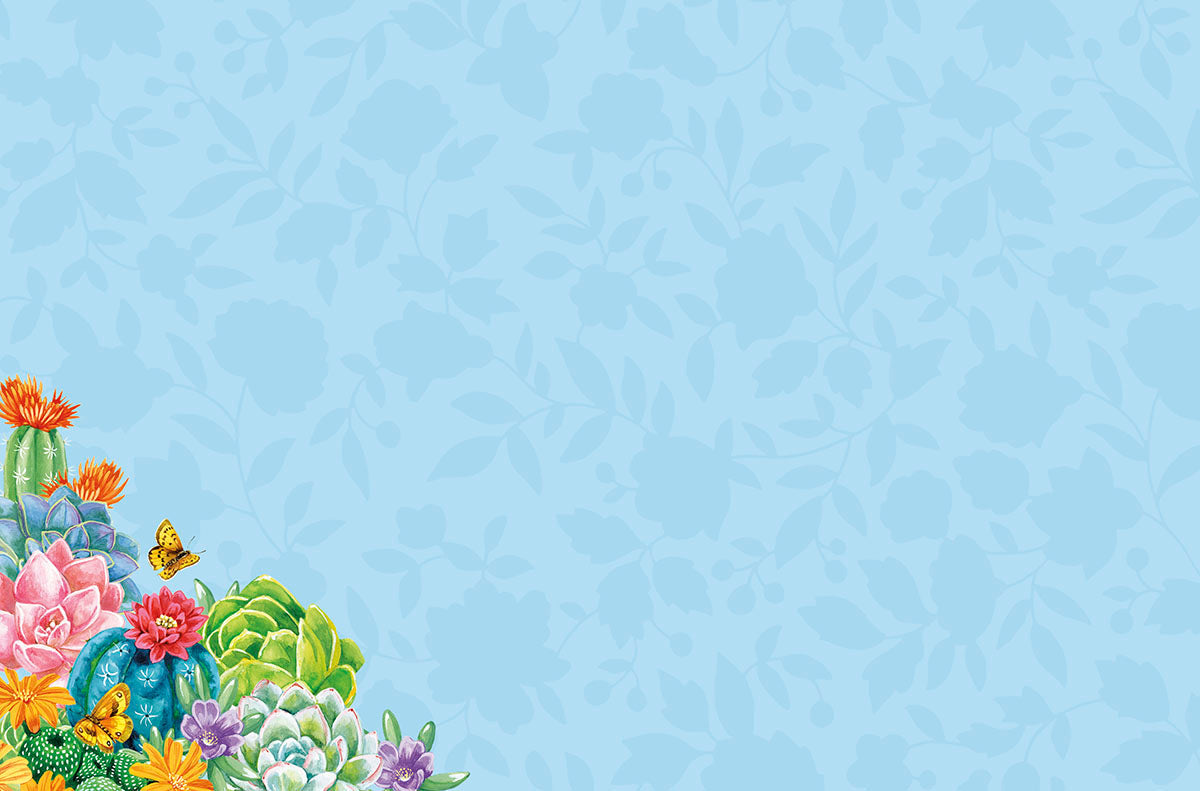 Light blue background paper with a subtle floral pattern, featuring a corner border of colorful watercolor succulents, blooming cacti, and two yellow butterflies, suitable for matching stationery.