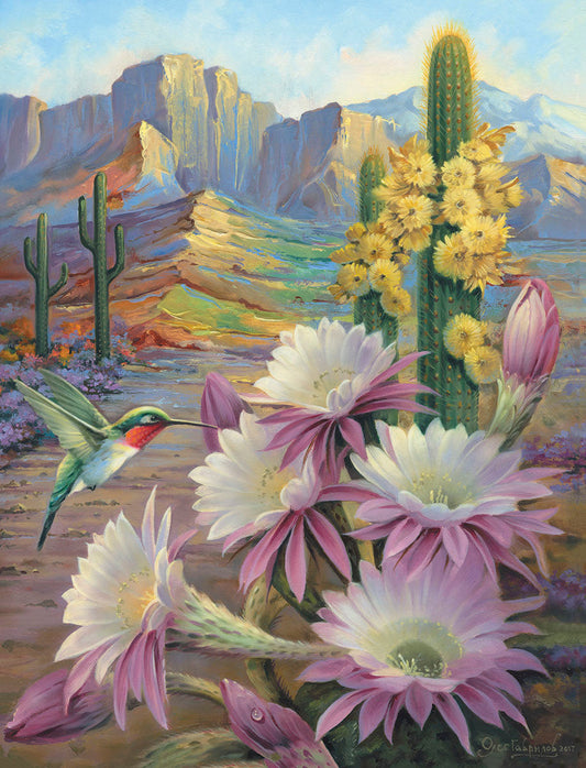 Vibrant painting of a ruby-throated hummingbird among blooming pink and white cactus flowers in a sun-drenched desert.
