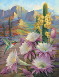 Vibrant desert landscape greeting card with a ruby-throated hummingbird pollinating white and pink cactus flowers. Majestic mountains and saguaro cacti under a clear blue sky, evoking nature's beauty and wonder.