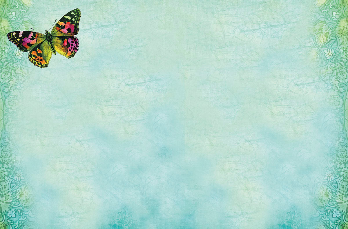 Blank greeting card interior or back design featuring a single colorful butterfly (orange, pink, green wings) in the top left corner, on a serene light blue and green textured background with delicate filigree borders, ready for a personal message.