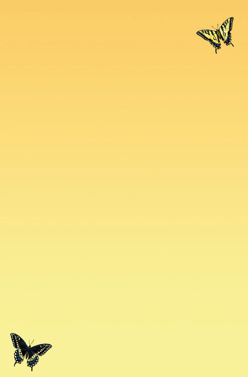 Soft yellow and orange gradient background with two elegant black and yellow swallowtail butterflies positioned in the top right and bottom left corners. Perfect for the interior design of a nature-inspired greeting card or thank you note.