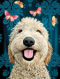 Close-up of a smiling Goldendoodle dog with its tongue playfully out, set against a dark blue background with elegant turquoise damask patterns and surrounded by three vibrant pink and orange butterflies. The dog's fluffy, light-colored fur and bright eyes convey joy and friendliness, making it perfect for a lighthearted greeting card.