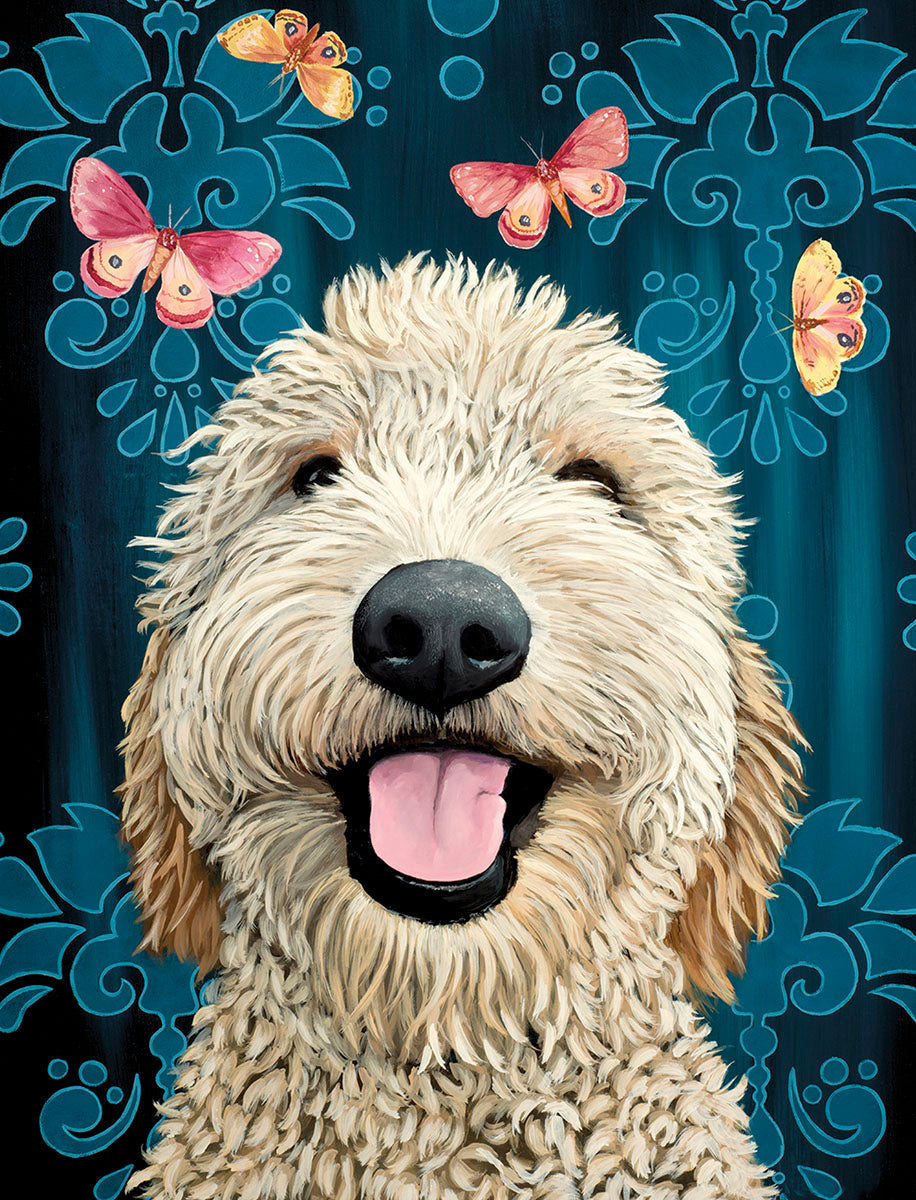 Close-up of a smiling Goldendoodle dog with its tongue playfully out, set against a dark blue background with elegant turquoise damask patterns and surrounded by three vibrant pink and orange butterflies. The dog's fluffy, light-colored fur and bright eyes convey joy and friendliness, making it perfect for a lighthearted greeting card.