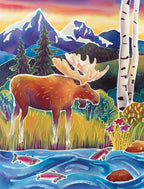 Vibrant art print of a moose in a mountain river with fish, birch trees, and a sunset sky, perfect for nature-themed greeting cards.