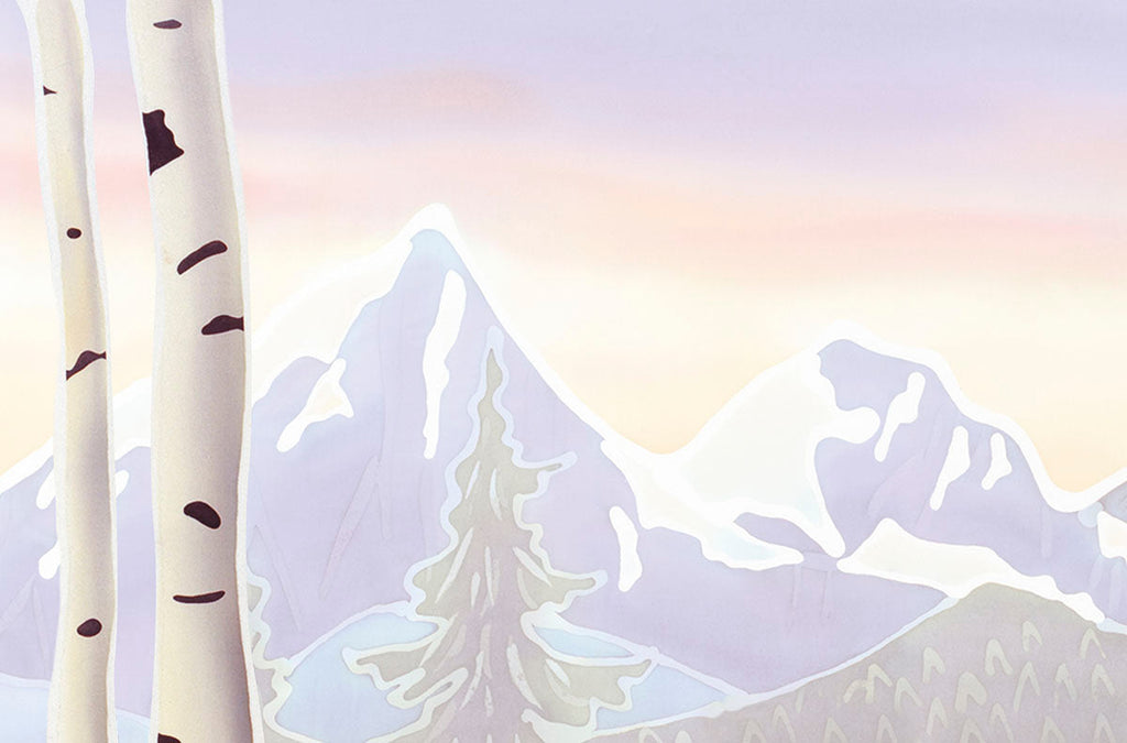 Detail view of majestic snow-capped mountains, evergreen, and birch trees under a pastel sky, evoking peaceful wilderness.