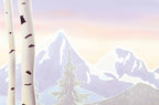 Detail view of majestic snow-capped mountains, evergreen, and birch trees under a pastel sky, evoking peaceful wilderness.