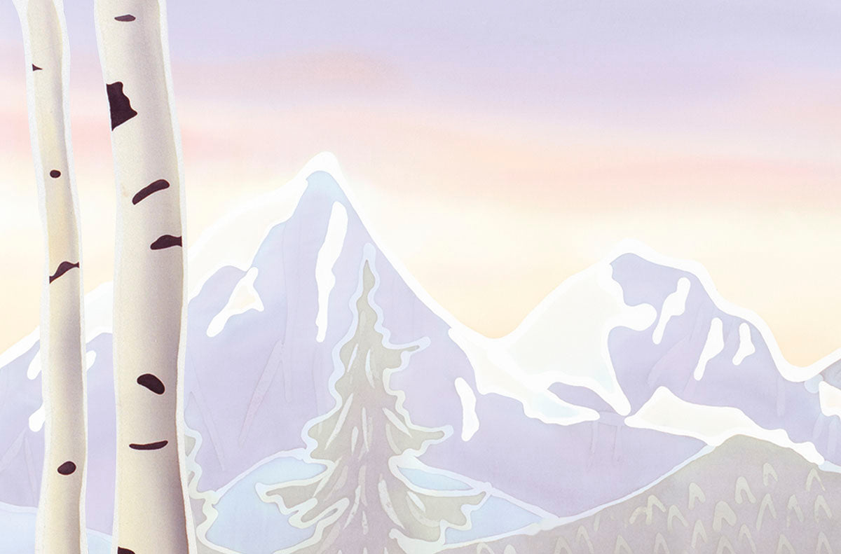 Detail view of majestic snow-capped mountains, evergreen, and birch trees under a pastel sky, evoking peaceful wilderness.