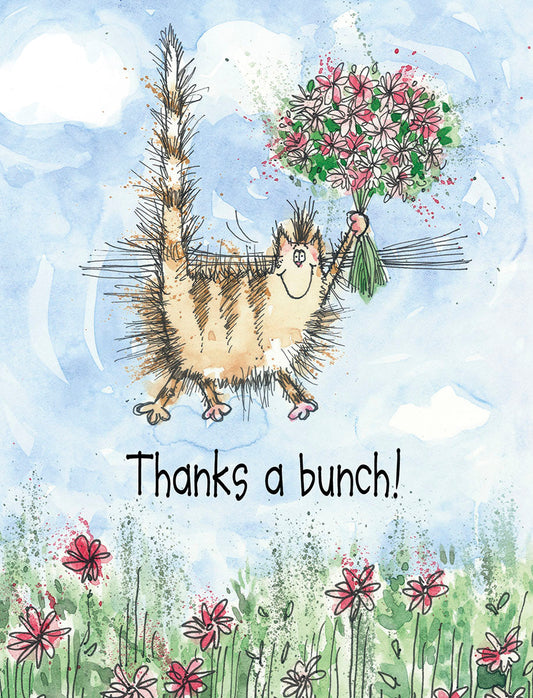 Cute whimsical cat flying with a large bouquet of pink and white flowers, text 'Thanks a bunch!', surrounded by wildflowers.