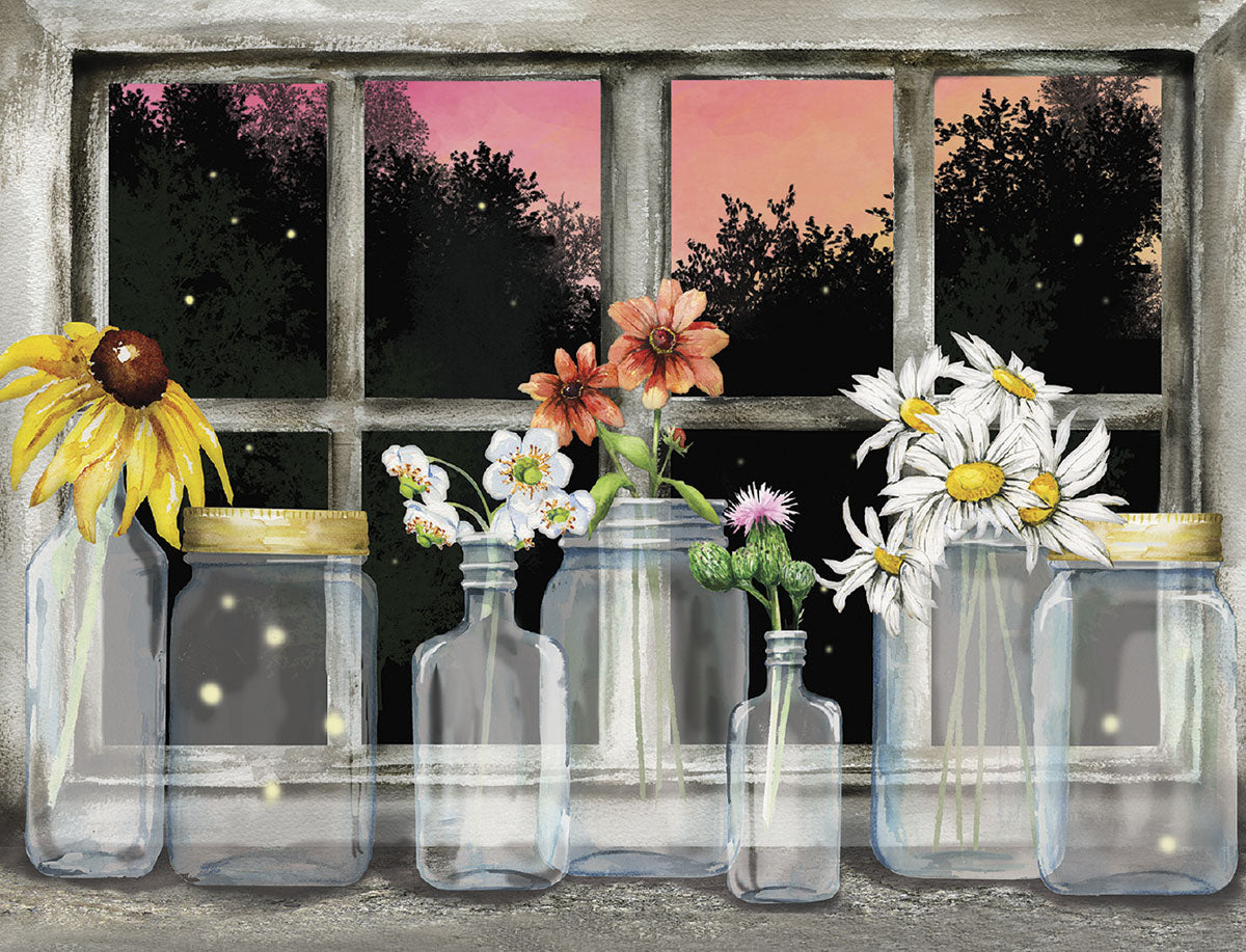 SEO: Whimsical greeting card set featuring a watercolor illustration of glass jars filled with wildflowers and glowing fireflies on a window sill at twilight, perfect for sending heartfelt messages to loved ones.