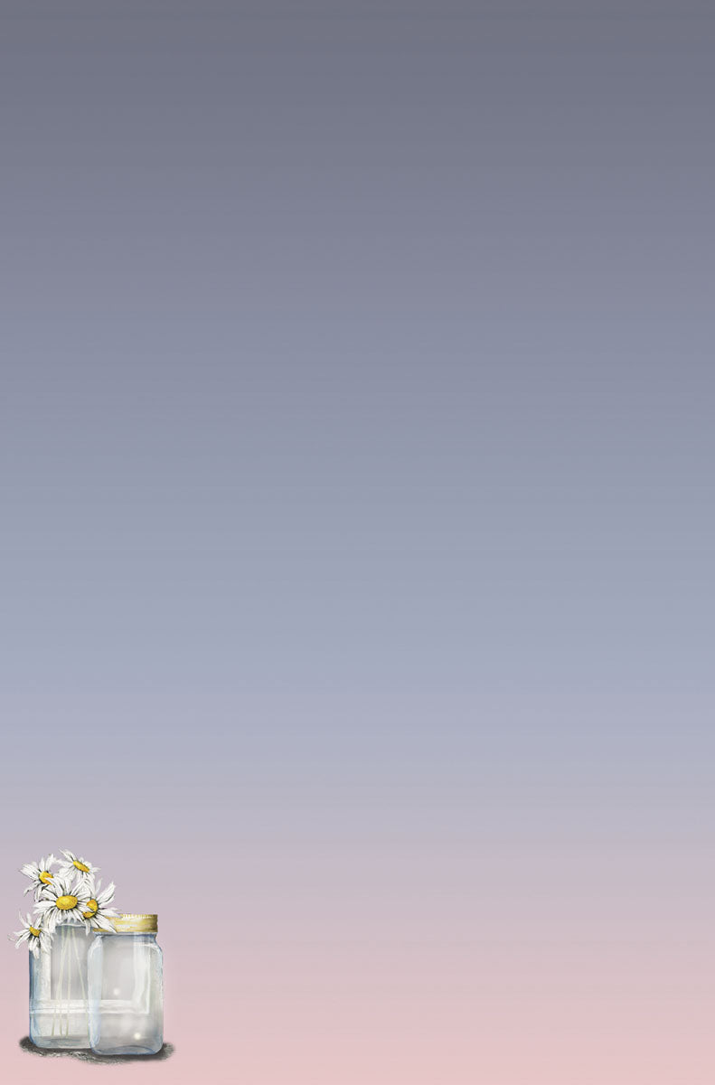 SEO: Elegant close-up of a single glass jar with white daisies from the wildflower greeting card collection, set against a soft gradient background.