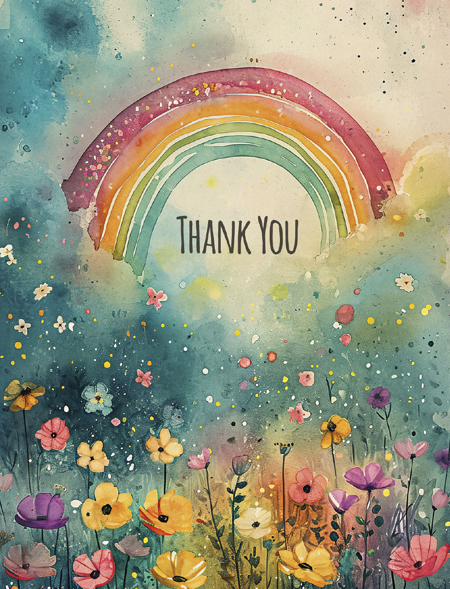 Vibrant watercolor thank you card featuring a joyful rainbow arching over a field of colorful wildflowers against a serene blue sky, perfect for expressing heartfelt gratitude.