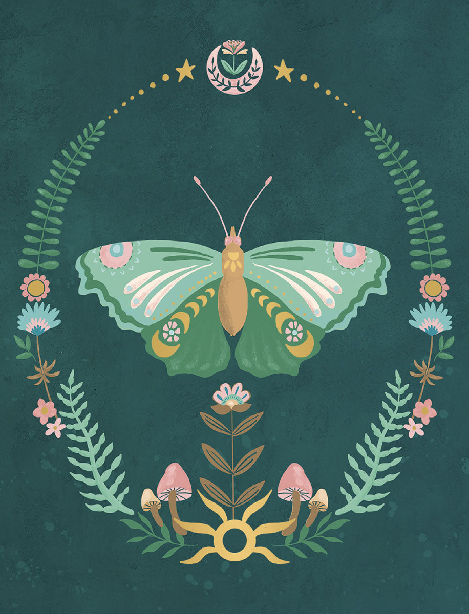 Close-up of an elegant, artistic greeting card featuring a vibrant green and gold butterfly illustration surrounded by a whimsical wreath of ferns, delicate flowers, and mystical mushrooms on a deep teal background. Perfect for thoughtful messages to loved ones.
