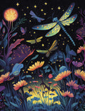 Whimsical night garden greeting card design featuring glowing yellow and blue dragonflies, fireflies, and vibrant fantasy flowers under a starry dark sky. Perfect for any occasion.