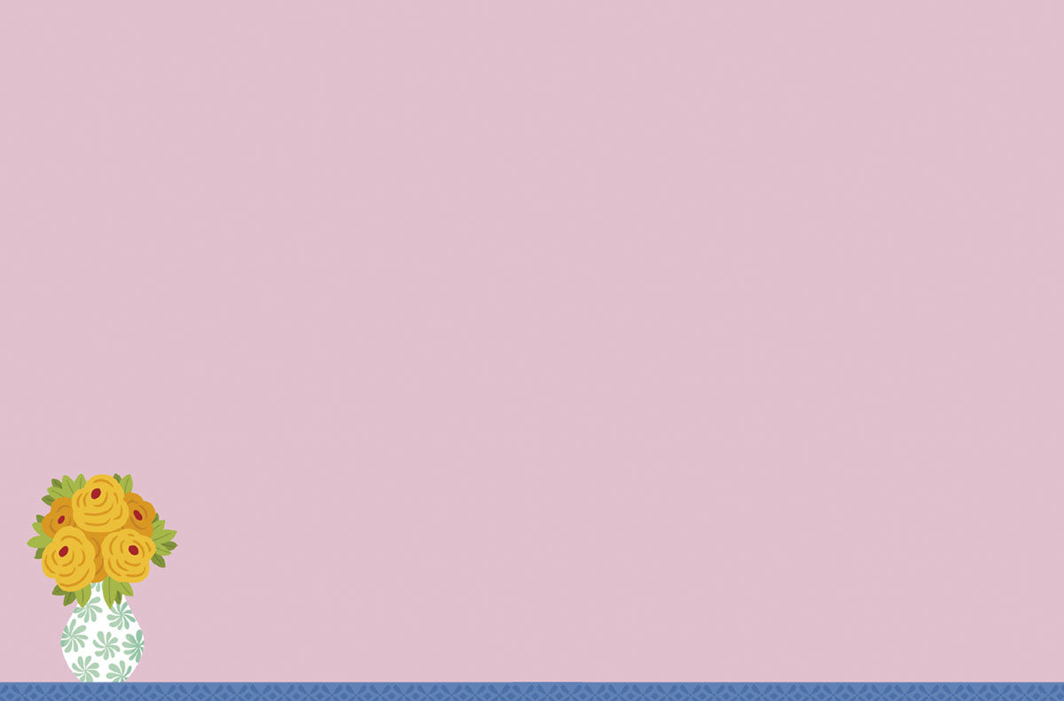 Minimalist pink greeting card interior design with a small vase of yellow roses and green leaves in the bottom left corner, complemented by a blue patterned border, offering ample space for a personalized message.