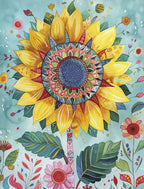 Detailed illustration of a large, vibrant yellow sunflower with an intricate, colorful mandala-like center, surrounded by smaller wildflowers and green leaves on a light teal watercolor background. Ideal for a cheerful greeting card.