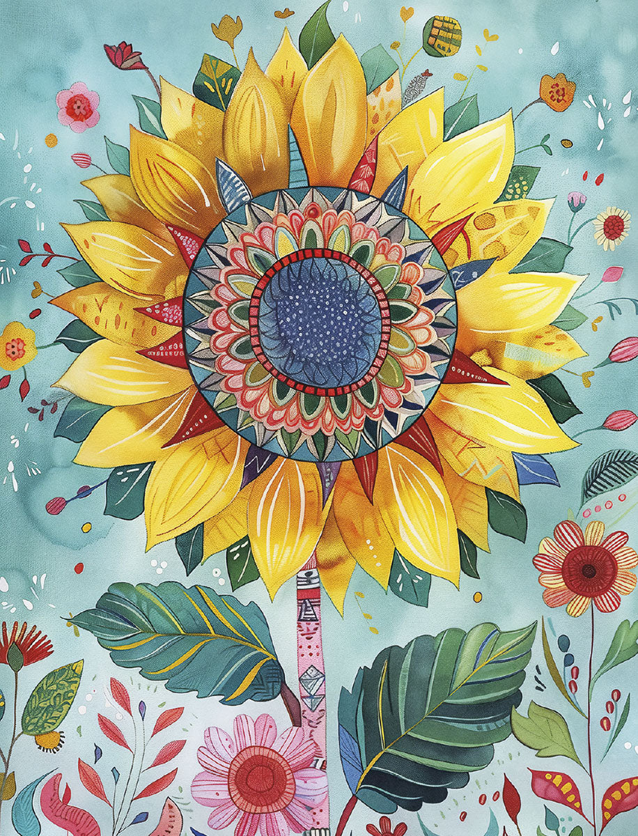Detailed illustration of a large, vibrant yellow sunflower with an intricate, colorful mandala-like center, surrounded by smaller wildflowers and green leaves on a light teal watercolor background. Ideal for a cheerful greeting card.