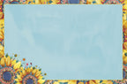 Blank light blue card surface with a decorative border featuring yellow sunflowers and intricate floral patterns in the corners, providing ample space for a handwritten message. This is the inside of the greeting card.