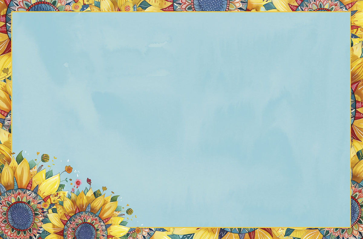 Blank light blue card surface with a decorative border featuring yellow sunflowers and intricate floral patterns in the corners, providing ample space for a handwritten message. This is the inside of the greeting card.