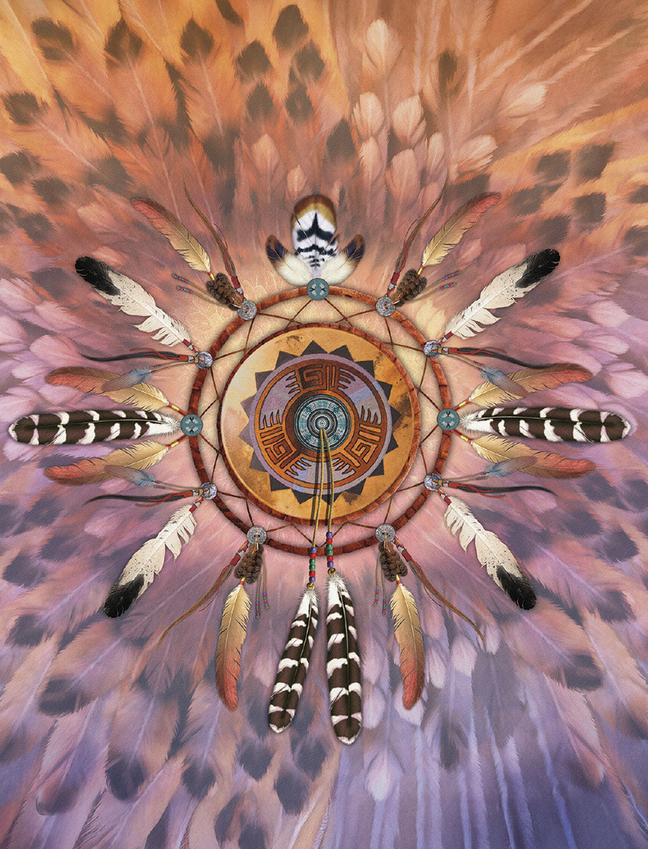 Vibrant dreamcatcher art greeting card featuring intricate feathers, central woven design, and spiritual elements, ideal for thoughtful messages.