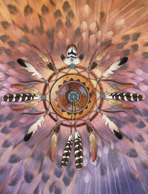 Intricate dreamcatcher art with multiple feathers, beads, and geometric patterns in warm earthy tones, perfect for spiritual home decor or a thoughtful gift.