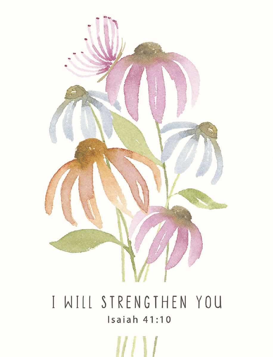 Watercolor greeting card design featuring a vibrant bouquet of pink, purple, blue, and orange coneflowers with a delicate butterfly, accented by the inspiring Bible verse 'I WILL STRENGTHEN YOU Isaiah 41:10'. Ideal for encouraging sentiments.