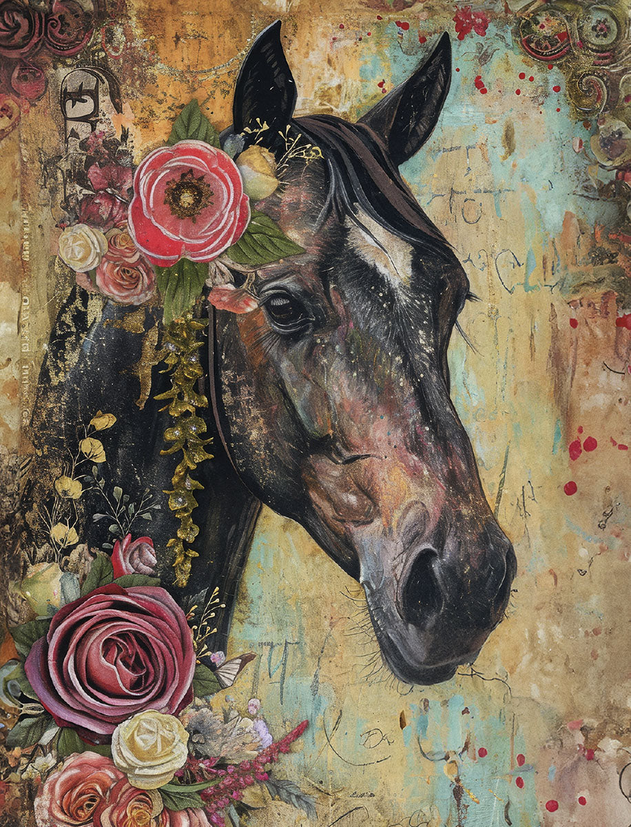 Close-up of a majestic black horse head with a white blaze, adorned with vibrant red, pink, and yellow roses and green foliage, against a textured, vintage-inspired background with faint script and gold accents. Ideal for heartfelt greeting cards.