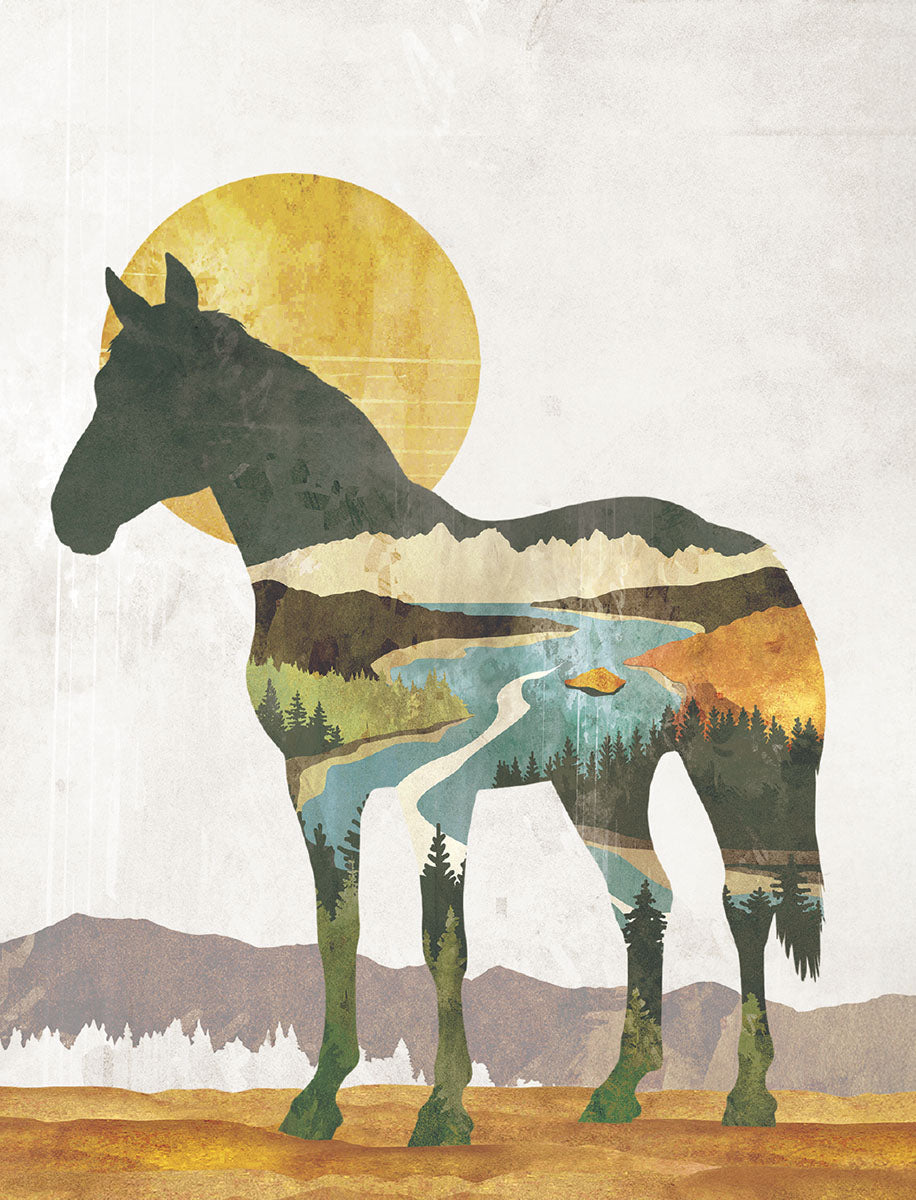 Stunning greeting card featuring a majestic horse silhouette filled with a vibrant landscape of mountains, rivers, and forests under a golden sun, perfect for nature lovers.